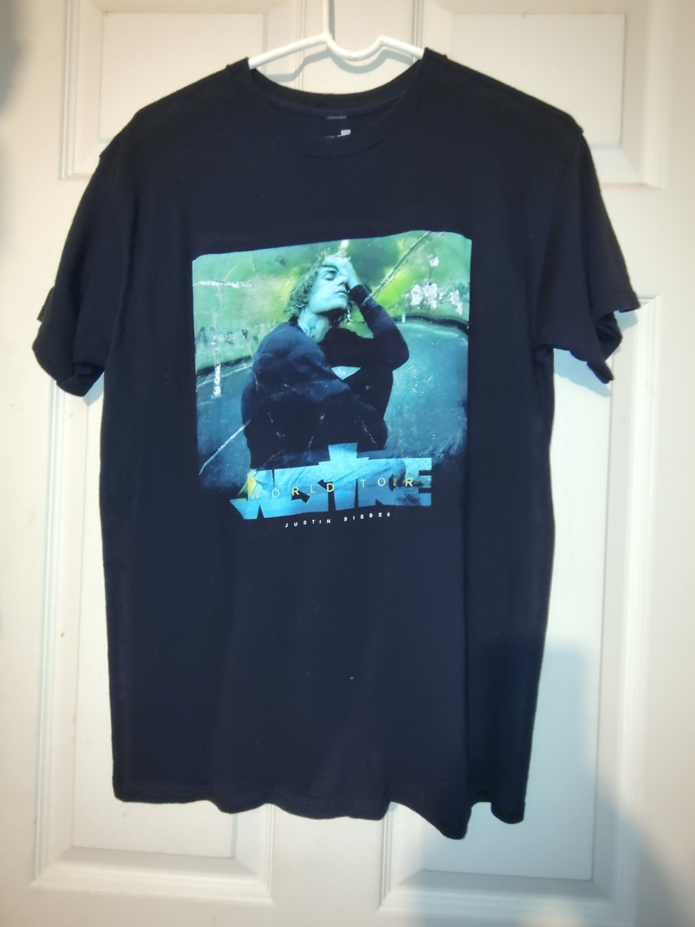 Justin Bieber Black Tee with Green-Blue Photo Graphic